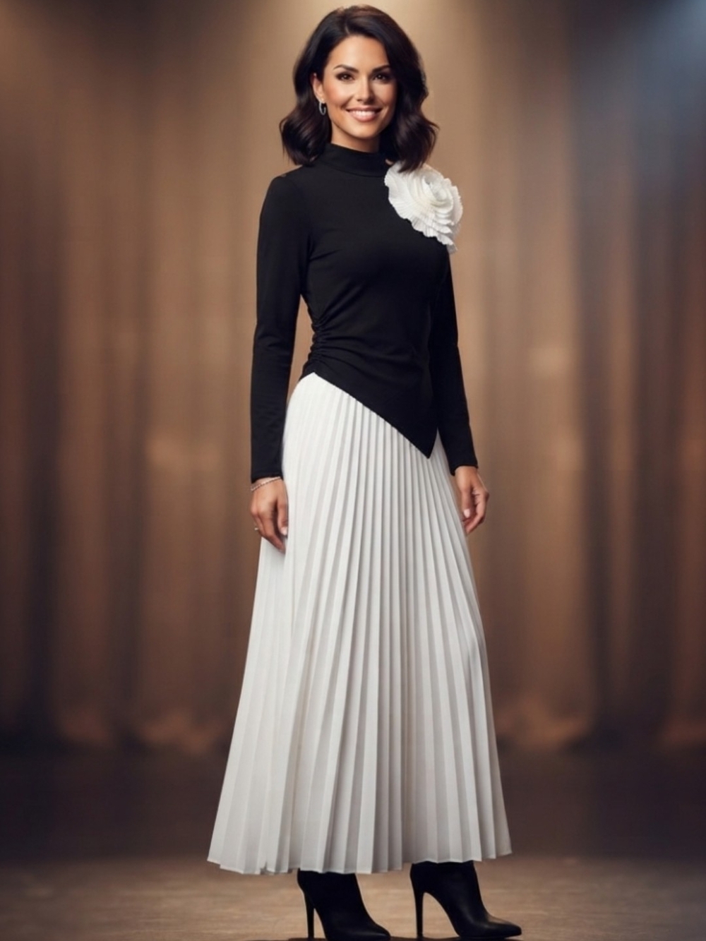 SHEIN Black & White Colorblock Turtleneck Long Sleeve Pleated Maxi Dress Size'